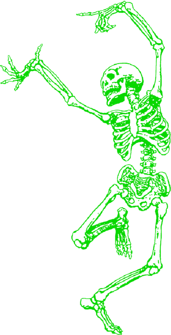 Dancing skeleton pointing at text